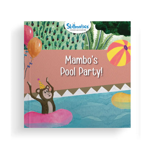 Children’s book featuring a monkey in a pool from Mambo’s Pool Party Fun Learning Storybooks