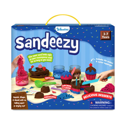 Children’s play sand set for creating dessert-themed molds from Sandeezy Delicious Desserts set
