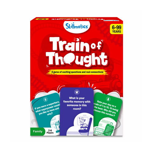 Red Train of Thought game box with game cards and age ratings for ages 6 and up