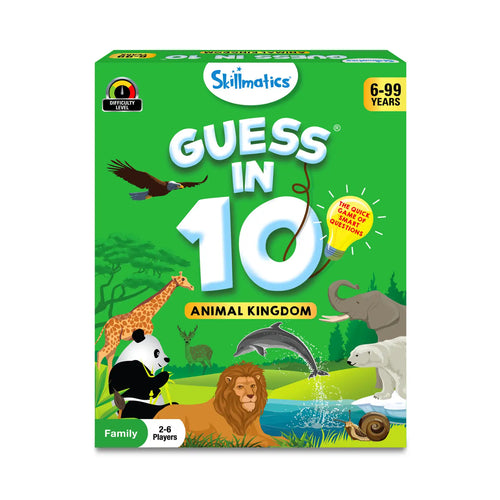 Green board game box for Guess in 10 Animal Kingdom trivia game for ages 6+ and 2-6 players