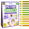 Front of the Skillmatics Picture Sprouts activity book box for ages 5–10. The purple package shows the title, a hand drawing from a simple curved line, example illustrations of an owl, palm tree, and ice cream, a badge for 50 transformable shapes, 50-page book, 12 retractable crayons, and a safety warning.