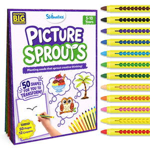 Front of the Skillmatics Picture Sprouts activity book box for ages 5–10. The purple package shows the title, a hand drawing from a simple curved line, example illustrations of an owl, palm tree, and ice cream, a badge for 50 transformable shapes, 50-page book, 12 retractable crayons, and a safety warning.