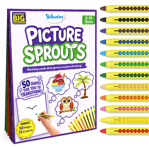 Front of the Skillmatics Picture Sprouts activity book box for ages 5–10. The purple package shows the title, a hand drawing from a simple curved line, example illustrations of an owl, palm tree, and ice cream, a badge for 50 transformable shapes, 50-page book, 12 retractable crayons, and a safety warning.