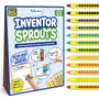 Skillmatics Inventor Sprouts activity book for ages 5–10 featuring 50 invention challenges and 12 retractable crayons. The cover shows prompts to invent helpful machines, playful examples including a robot stylist, breakfast slide and pancake printer, plus a large drawing area for kids.