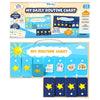 Skillmatics My Daily Routine Chart packaging showing a double-sided magnetic routine board for children ages 3–8, with 36 magnetic task pieces, 30+ reward stickers, day and night layouts, key developmental benefits, and colorful illustrations encouraging positive daily habits and independence.