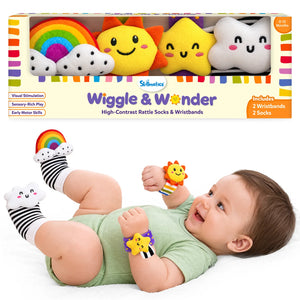 Skillmatics Wriggle & Wonder High-Contrast Rattle Socks & Wristbands for babies 0–12 months, shown with rainbow and cloud socks plus sun and star wristbands. Packaging highlights visual stimulation, sensory-rich play, early motor skills, 2 socks and 2 wristbands.