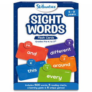 Sight Words flash cards for children ages 4-9 with 500 words, learning guide, and games