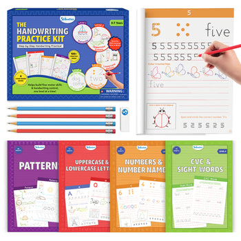 The Handwriting Practice Kit | 4 Stage-Based Writing Workbooks (ages 4-7) | Learn Patterns, Pencil & Erasers Included, Letters, Numbers & Words, Preschool Learning Set