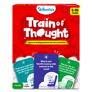 Red Train of Thought game box with game cards and age ratings for ages 6 and up