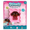 Front packaging of Skillmatics Stixels 3D wall décor craft kit for ages 7–99, showing pink box with 'Stixels' branding and a pixel-style puppy design built using cylindrical stixel pegs in a pink frame. Text highlights slot, push, build 3D decor, includes 400+ stixels, base, frame, color guide.