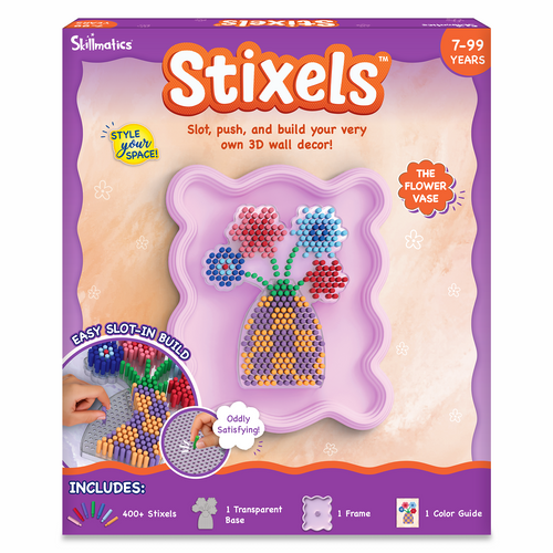 Skillmatics Stixels Flower Vase craft kit box for ages 7–99, featuring a completed 3D flower vase design made with colorful slot-in Stixels. Packaging highlights “Style Your Space,” easy slot-in build, 400+ Stixels, transparent base, frame, color guide, and wall décor display concept.