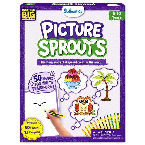 Front of the Skillmatics Picture Sprouts activity book box for ages 5–10. The purple package shows the title, a hand drawing from a simple curved line, example illustrations of an owl, palm tree, and ice cream, a badge for 50 transformable shapes, 50-page book, 12 retractable crayons, and a safety warning.