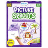 Front of the Skillmatics Picture Sprouts activity book box for ages 5–10. The purple package shows the title, a hand drawing from a simple curved line, example illustrations of an owl, palm tree, and ice cream, a badge for 50 transformable shapes, 50-page book, 12 retractable crayons, and a safety warning.