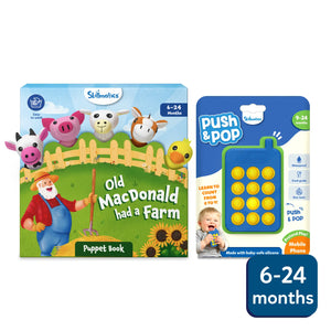 Sensory Giggles Bundle for 6-24 months featuring Old MacDonald puppet book and Push & Pop toy