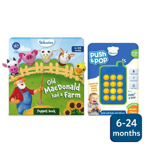 Sensory Giggles Bundle for 6-24 months featuring Old MacDonald puppet book and Push & Pop toy