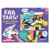 Skillmatics Fab Tabs tactile and sensory fabric art kit box for ages 4–9, featuring a bedroom scene decorated with fabric textures and patterns. The packaging shows peel-and-stick fabric pieces, highlights 75+ fabric textures, a mess-free activity format, and a creative home-design theme.