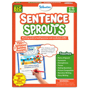 Skillmatics Sentence Sprouts activity book for ages 6 to 10. Orange box shows a beach scene worksheet with a child writing, plus a thought bubble. Green panel lists topics: Parts of Speech, Synonyms, Homophones, Tenses, Story Writing. Includes 50 double-sided pages and 4 pencils.