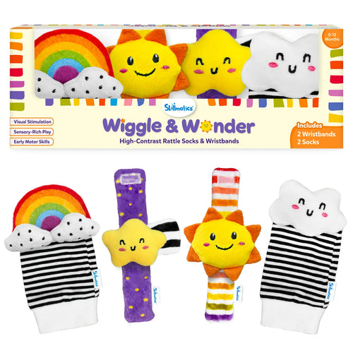 Skillmatics Wriggle & Wonder High-Contrast Rattle Socks & Wristbands for babies 0–12 months, shown with rainbow and cloud socks plus sun and star wristbands. Packaging highlights visual stimulation, sensory-rich play, early motor skills, 2 socks and 2 wristbands.