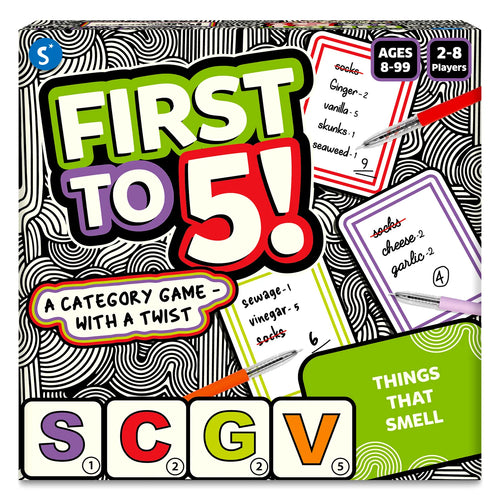 Board game for 2-8 players aged 8+ titled First to 5 with a fun category twist