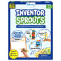 Skillmatics Inventor Sprouts activity book for ages 5–10 featuring 50 invention challenges and 12 retractable crayons. The cover shows prompts to invent helpful machines, playful examples including a robot stylist, breakfast slide and pancake printer, plus a large drawing area for kids.