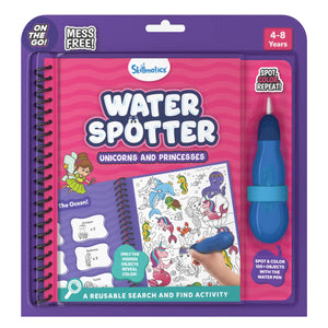 Skillmatics Water Spotter Unicorns and Princesses reusable activity book packaging for ages 4–8, featuring a spiral-bound search and find book with a pink and purple cover, unicorn and princess illustrations, ocean-themed pages, and a refillable blue water pen attached on the side. The pack highlights mess-free play, spot-color-repeat learning, and 100+ hidden objects revealed using water.