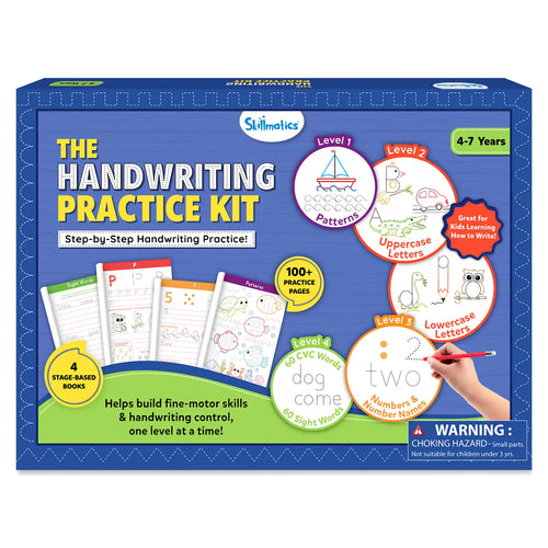 Skillmatics The Handwriting Practice Kit box front shown on a blue background. The packaging highlights step-by-step handwriting practice for ages 4–7 with four learning levels: patterns, uppercase letters, lowercase letters, and numbers. Circular icons, sample workbook pages, and a “100+ practice pages” badge emphasize skill development and fine-motor control.