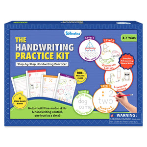 Skillmatics The Handwriting Practice Kit box front shown on a blue background. The packaging highlights step-by-step handwriting practice for ages 4–7 with four learning levels: patterns, uppercase letters, lowercase letters, and numbers. Circular icons, sample workbook pages, and a “100+ practice pages” badge emphasize skill development and fine-motor control.