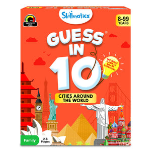 Board game box for Guess in 10 Cities Around the World trivia card game for ages 8+