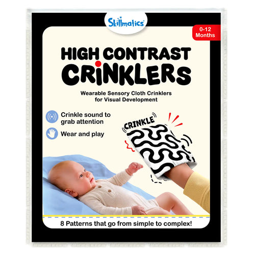 Skillmatics High Contrast Crinklers packaging for 0–12 months wearable sensory cloth toy. Shows baby on blue mat reaching toward hand holding black-and-white wavy crinkle cloth labeled CRINKLE. Includes logo, wear/play icons, crinkle sound note, and “8 patterns simple to complex” banner.