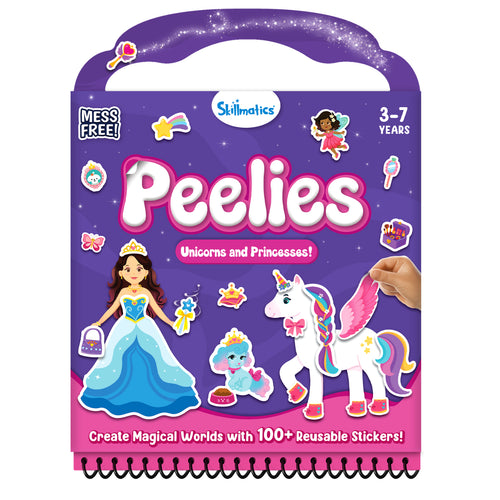 Skillmatics Peelies Unicorns and Princesses spiral-bound activity book for ages 3 to 7 with a built-in purple carry handle. Cover features a princess in a blue gown, a winged unicorn, a blue poodle with a crown, a fairy, shooting star, butterfly, treasure chest, and mirror stickers. A child's hand places a sticker. Bottom text reads Create Magical Worlds with 100 plus Reusable Stickers. Mess Free label shown.