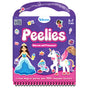 Skillmatics Peelies Unicorns and Princesses spiral-bound activity book for ages 3 to 7 with a built-in purple carry handle. Cover features a princess in a blue gown, a winged unicorn, a blue poodle with a crown, a fairy, shooting star, butterfly, treasure chest, and mirror stickers. A child's hand places a sticker. Bottom text reads Create Magical Worlds with 100 plus Reusable Stickers. Mess Free label shown.