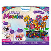 Skillmatics Foil Fun Mosaics craft kit packaging for ages 8–99 featuring a colourful 3D foil flower pot project. Shows glittery mosaic flowers, stems, leaves, and decorated pot. Includes step visuals for sticking foam pieces, peeling stickers, pressing foil sheets, and contents including 150 foil sheets.
