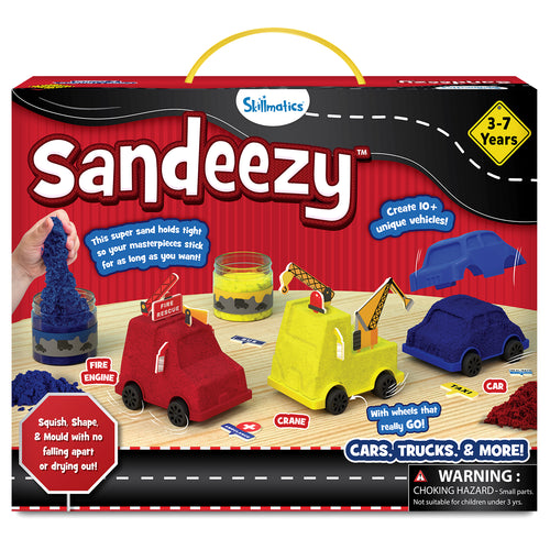 The Sandeezy skill-building kit box shows a red background with the Skillmatics logo, “Sandeezy” in bold letters, and a “3–7 years” badge. The display features kinetic sand in red, yellow, and blue jars, three moulded vehicle shapes, and sample creations including a fire engine, crane, and car with wheels. Callouts highlight “Create 10+ unique vehicles,” “Super sand that sticks,” and “Squish, shape, and mould without drying out.”