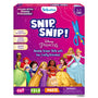Front view of the Skillmatics “Snip, Snip!” Disney Princess activity kit box with a bright pink background. The cover shows child-safe scissors, the title “Snip, Snip!”, age range 3–7 years, and illustrated Disney Princess characters lined along the bottom. Labels highlight cutting levels for straight, curved, and zigzag lines, along with “Cut, Fold, Paste” activity icons.
