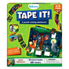 Skillmatics Tape It! Animal Adventures puzzle game box for kids aged 4–8 years. The green box shows colourful animal-themed puzzles featuring a fox, owl, raccoon, and wolf in a forest scene. Includes visuals of patterned tape rolls, puzzle cards, and sticker illustrations. Text reads “Easy to stick. Easy to remove!” with 16 picture puzzles and 150+ stickers included.