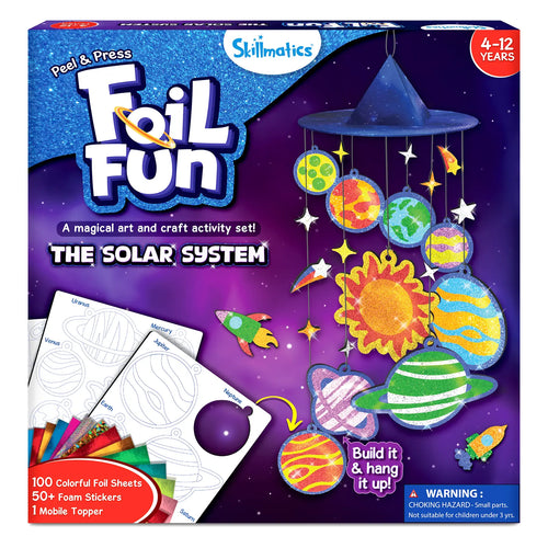 Children’s foil art and craft kit for creating a solar system mobile with no mess