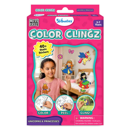 Front view of the Skillmatics Color Clingz Unicorns & Princesses activity kit in bright pink packaging. The box shows a smiling child placing transparent static stickers on a window, featuring unicorns, princesses, crowns, and fantasy icons. Text highlights “Mess Free,” “40+ Static Stickers,” ages 3–7, and step icons labeled Color, Peel, and Cling, with a safety warning at the bottom.