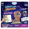 Skillmatics Light-Up Sketcher kit for ages 4–8, featuring a glowing animal-shaped lion display board, 12 tracing guides, reusable sticker sheet, eight markers, LED light strip, two stands, dust cloth and instruction manual. Dark blue packaging promotes colorful, reusable glowing artwork.
