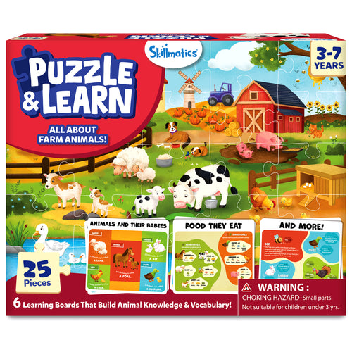 Skillmatics Puzzle & Learn All About Farm Animals educational puzzle box for ages 3–7 featuring a colorful farm scene with a barn, horse, cow, sheep, pigs, ducks, chickens, rabbits, dog and tractor. Includes a 25-piece puzzle and 6 learning boards that build animal knowledge and vocabulary.