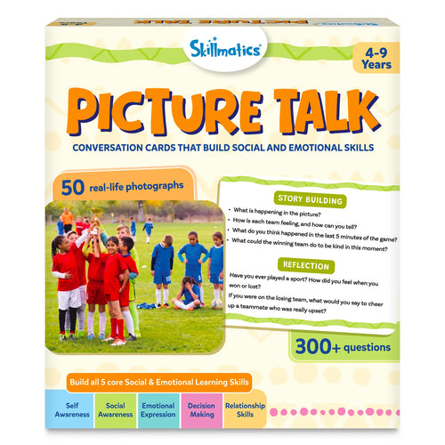 Skillmatics Picture Talk conversation card game box for ages 4-9, featuring a photo of children on a soccer field with one team celebrating a win and another showing disappointment. Packaging highlights 50 real-life photographs, 300+ guided questions, and five social-emotional learning skills.