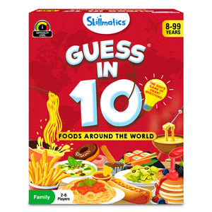 Red box for Guess in 10 Foods Around the World trivia card game for ages 8+