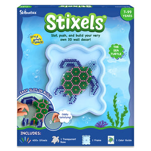 Skillmatics Stixels The Sea Turtle craft kit box featuring a completed 3D sea turtle wall decor made with colorful slot-in Stixels. Packaging highlights 400+ Stixels, transparent turtle base, frame, color guide, easy slot-in build, ocean-themed artwork, and age range 7–99 years.