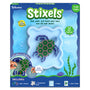 Skillmatics Stixels The Sea Turtle craft kit box featuring a completed 3D sea turtle wall decor made with colorful slot-in Stixels. Packaging highlights 400+ Stixels, transparent turtle base, frame, color guide, easy slot-in build, ocean-themed artwork, and age range 7–99 years.