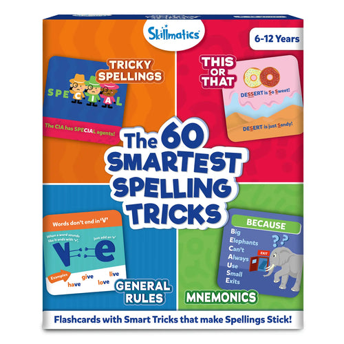 Front of the Skillmatics “The 60 Smartest Spelling Tricks” box for ages 6–12, divided into four bright sections. Each quadrant shows a card type—Tricky Spellings, This or That, General Rules, and Mnemonics—with playful illustrations like dancing animals, donuts, elephants, and letter visuals. Bold title text sits at the center with a clean, colorful learning-focused design.