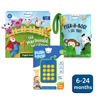 Sensory Giggles Bundle for 6-24 months featuring Old MacDonald puppet book and Push & Pop toy