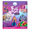 The Foil Fun Magnets kit packaging shows a glittery purple background with unicorn, princess, and carriage illustrations. A child’s hand places a decorated magnet on a metallic surface in a circular inset. Labels note “Mess Free,” “Works on all magnetic surfaces,” and “4–12 years.” The front displays five colorful foil sheets and lists contents: 20 foil sheets and 5 magnets for unicorn and princess designs.