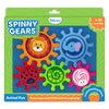 Skillmatics Spinny Gears Animal Fun toy box on a green background for ages 6–36 months. Five interlocking plastic gears shown: orange lion, blue elephant, red ladybug, green caterpillar spiral, and pink rabbit. Labels read 