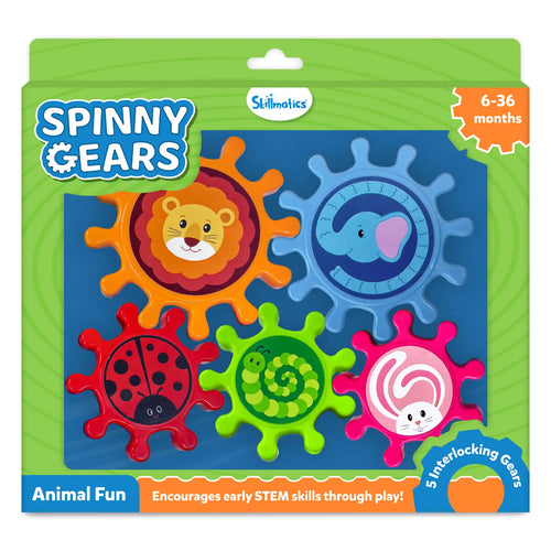 Skillmatics Spinny Gears Animal Fun toy box on a green background for ages 6–36 months. Five interlocking plastic gears shown: orange lion, blue elephant, red ladybug, green caterpillar spiral, and pink rabbit. Labels read "5 Interlocking Gears," "Animal Fun," and "Encourages early STEM skills through play!" Skillmatics logo at top center.