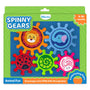 Skillmatics Spinny Gears Animal Fun toy box on a green background for ages 6–36 months. Five interlocking plastic gears shown: orange lion, blue elephant, red ladybug, green caterpillar spiral, and pink rabbit. Labels read 