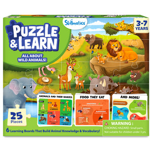 Skillmatics Puzzle & Learn: All About Wild Animals box showing a 25-piece puzzle for ages 3–7. The cover features illustrated wild animals including lions, elephants, giraffes, zebras, rhinos, deer, cheetah, bison, ostrich and more, plus six educational learning boards and a safety warning.